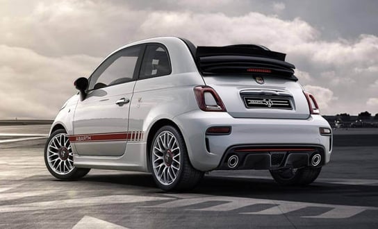 Rear view of a white Abarth 595c.