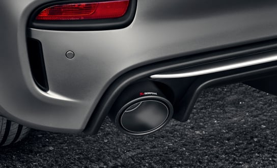 Close up of an Akrapovic exhaust.