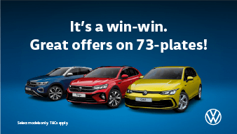 A Volkswagen T-Roc, Taigo and Golf against blue background with text that reads 'Great offers on new 73-plates!'